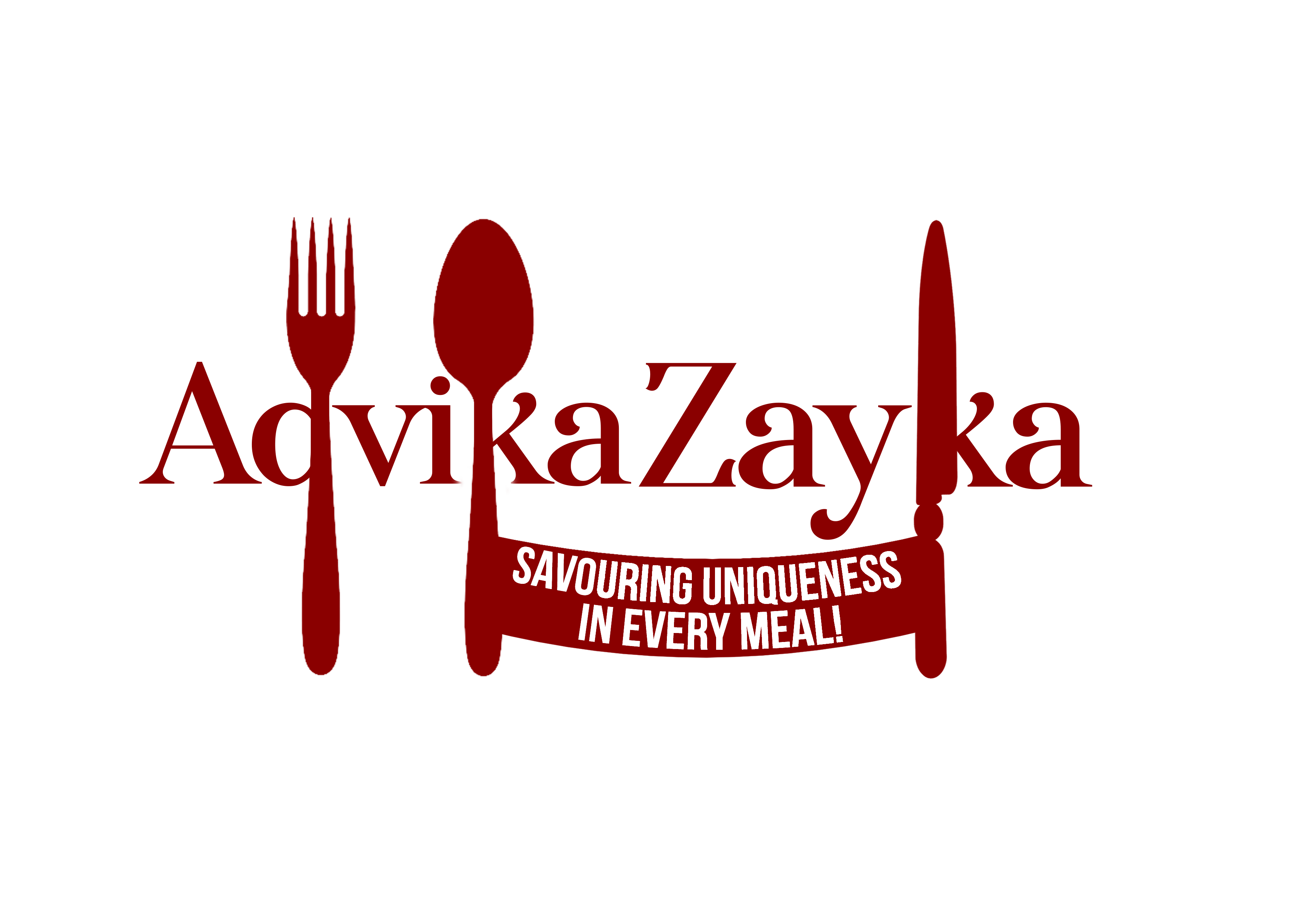 Advika Zayka Logo: Fork, Spoon, Knife with 'Savouring Uniqueness in Every Meal' tagline